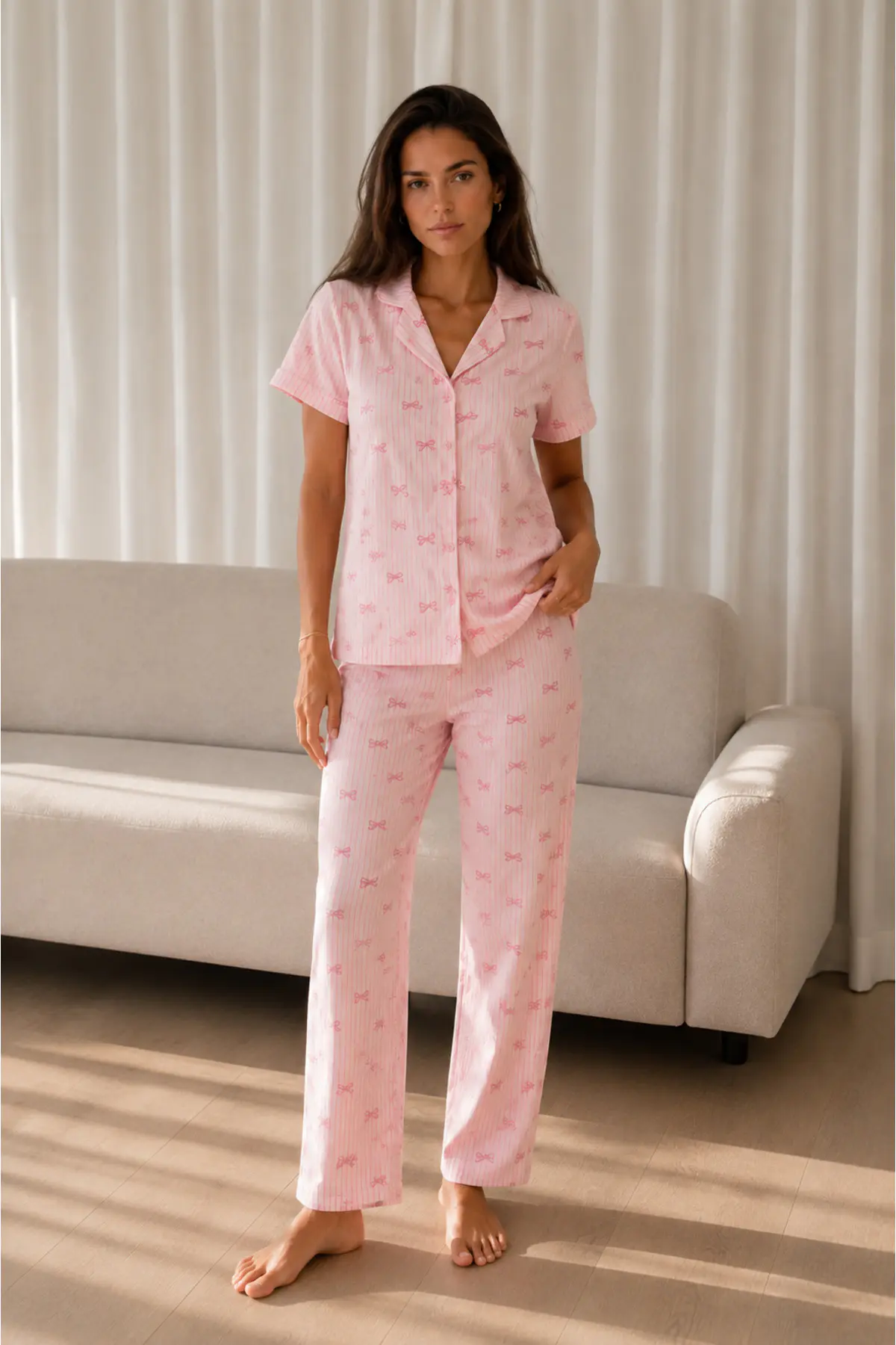 Kadın Loose Uzun Paça Pamuk Pembe Pijama Takımı