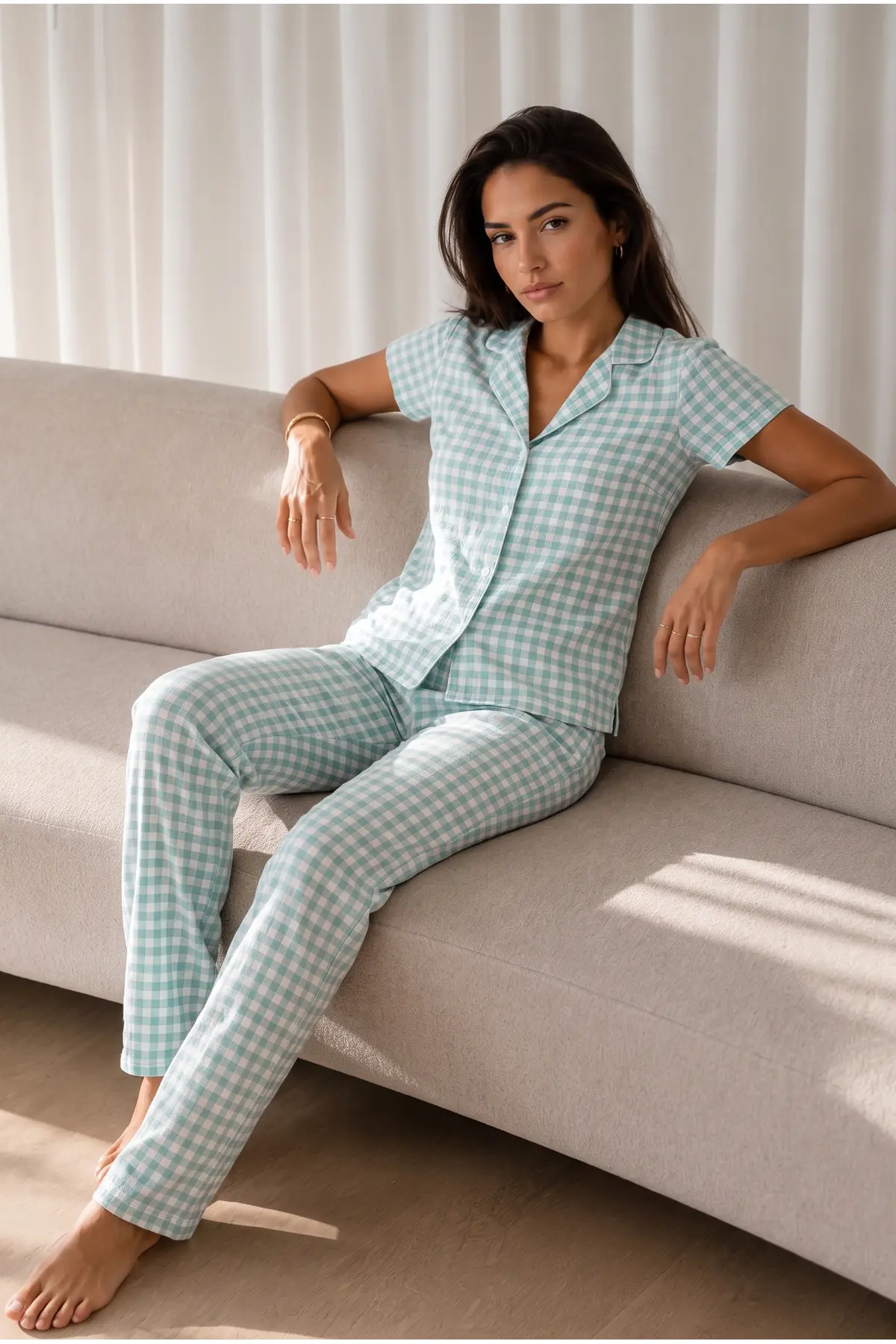 Kadın Loose Uzun Paça Pamuk Su Yeşili Pijama Takımı