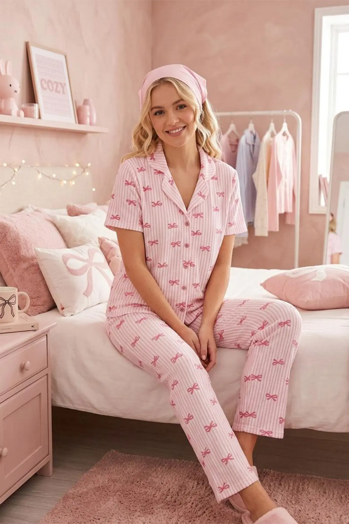 Pembe Kurdele Desenli Bürümçük kumaş Kısa Kollu Pijama Takımı 6064