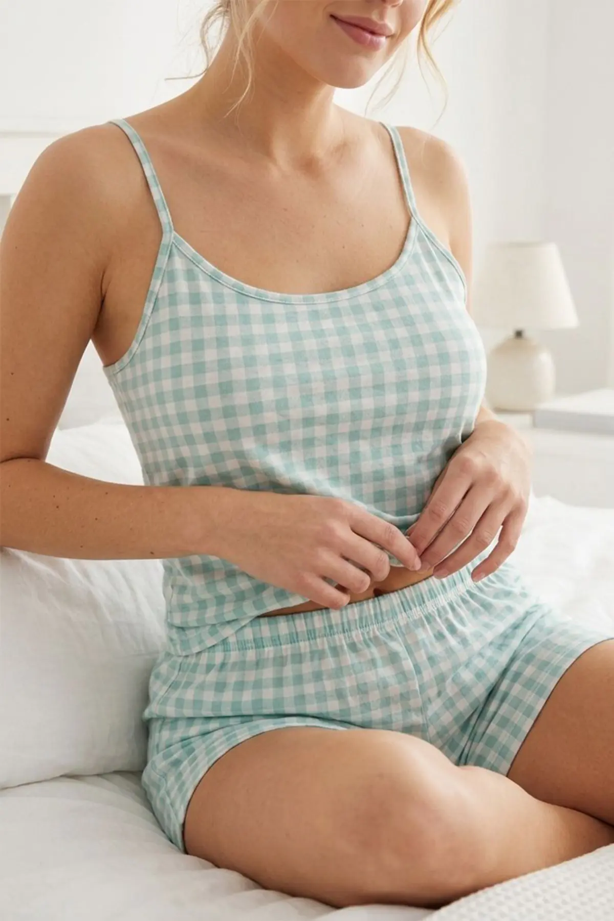 Yeşil Beyaz Kareli İp Askılı Şortlu Pijama Takımı 4621-Su Yeşili