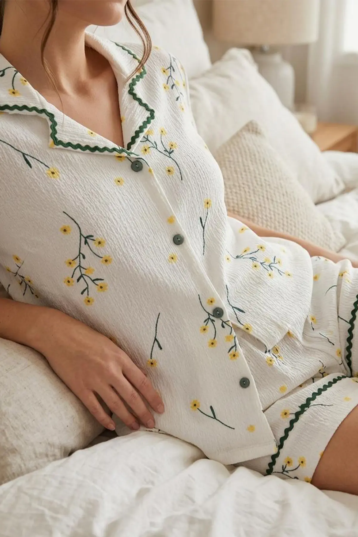 Su Yolu Desenli Beyaz Çiçek Baskılı Şortlu Pijama Takımı 4585