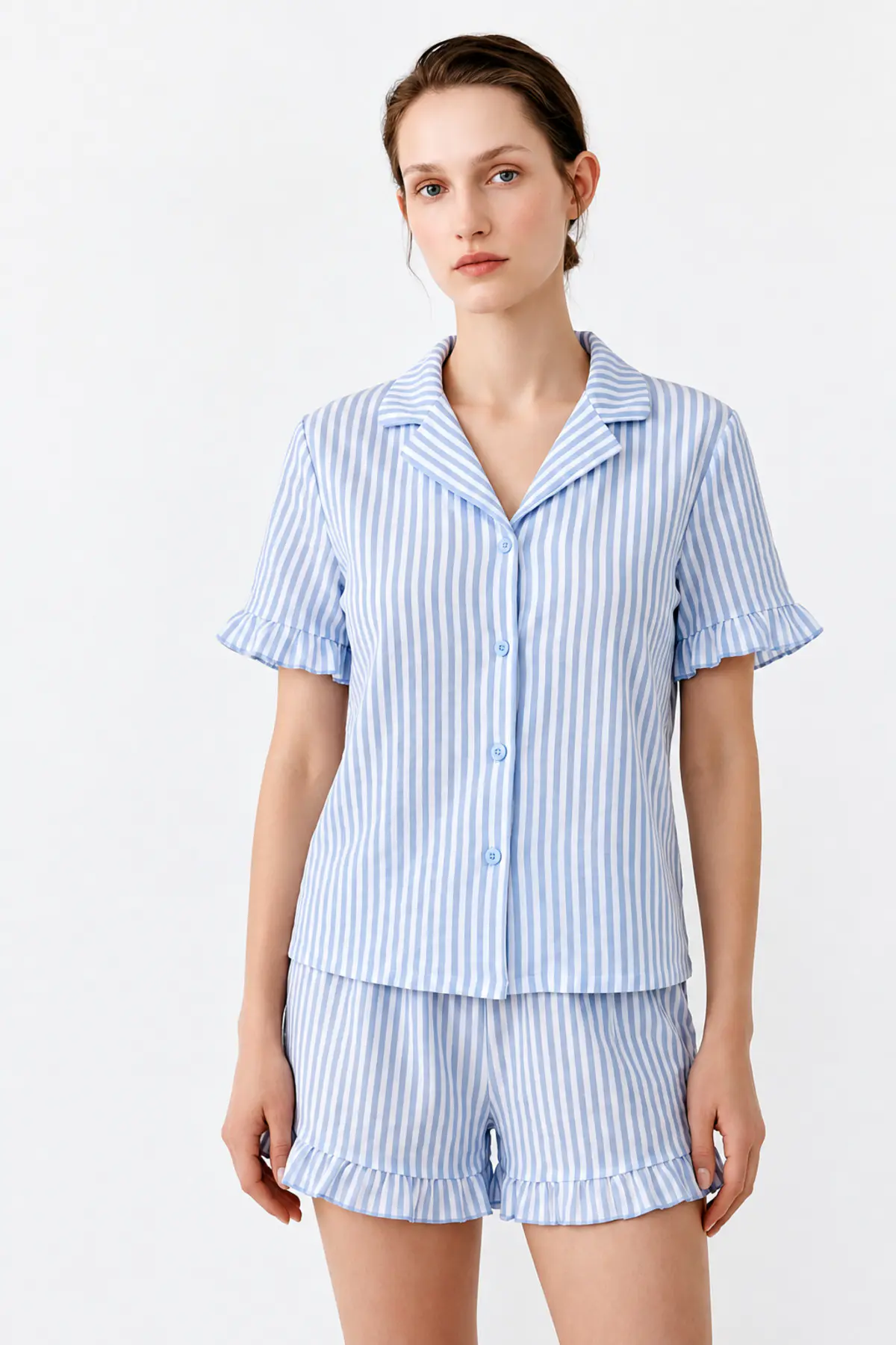 Kadın Relaxed Lastikli Mavi Pijama Takımı